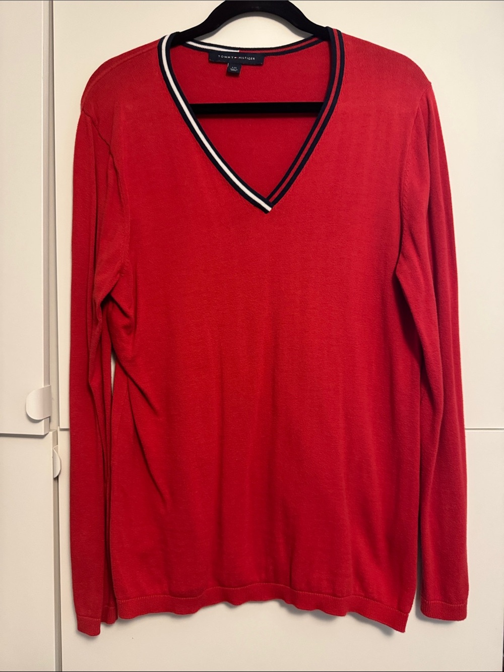 Tommy Hilfiger Women’s Bright Red V-Neck Sweater with Navy/White Striped Trim